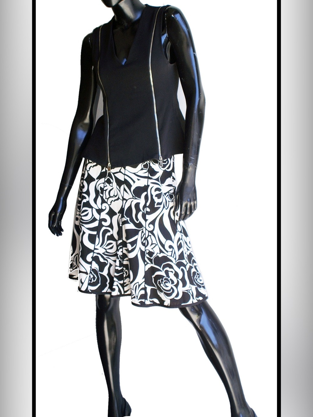 AnnTaylor Black ivory Floral A-Line High Waisted Skirt Sz 12 Lined Midi Career